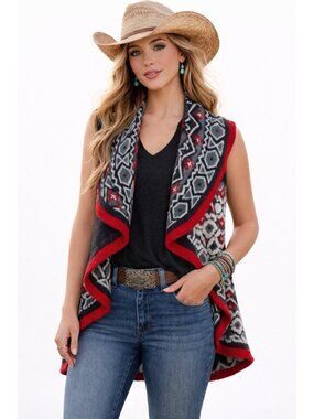 VTG Montana Co Open Vest Wool Bl Sleeveless Small/Medium Red Black Western EUC